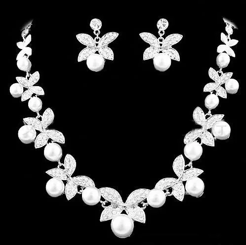 White Red Crystal Erfly Design Earrings And Pearl Necklace Set Pearl Necklace Set