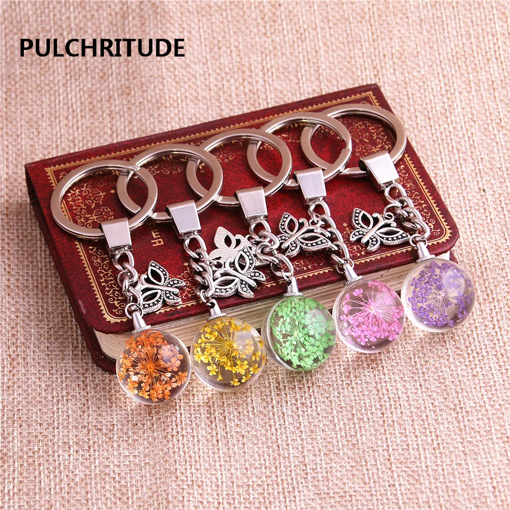

PULCHRITUDE 2 pcs/lot Metal KeyChain Crystal Glass Ball Dried Flower Pendant Butterfly Charm Key Ring Jewelry Diy C0545
