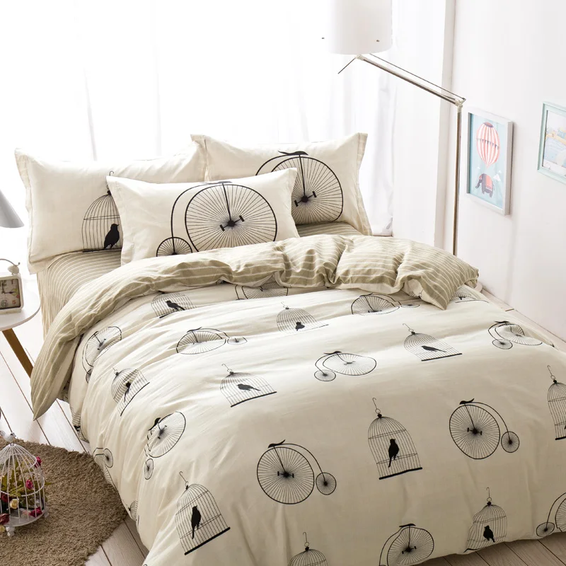 Brief Style Cage Bike Pattern Beige Linens 4pcs Bedding Sets