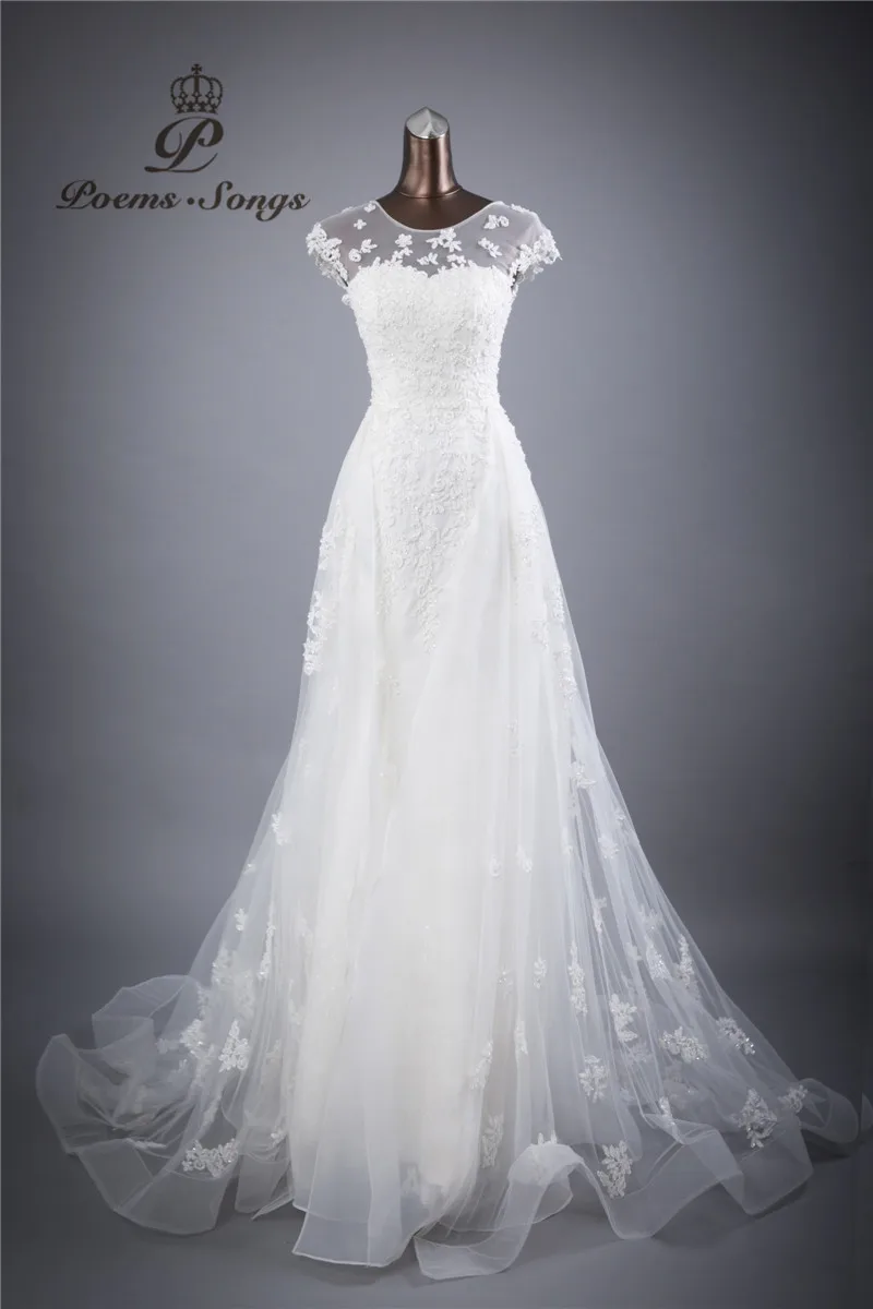 real photo lace flowers O_neck and Sexy Backless sheath Wedding Dresses