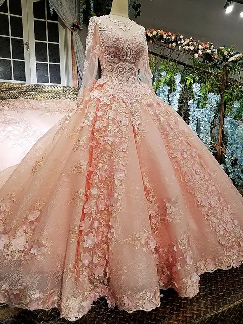 Us 4150 Cloverbirdal Libre Dadapter Manches Longues Rose Dentelle Robe De Mariee Princesse De Luxe Cristal Royal Train Flowers Pink In Wedding