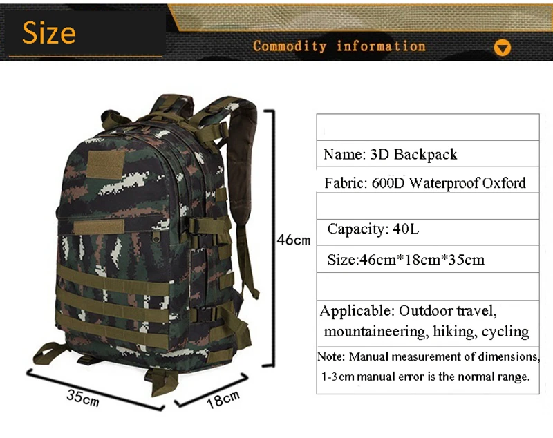 40L 3D Outdoor Sport Military Tactical climbing mountaineering Backpack Camping Hiking Trekking Rucksack Travel outdoor Ba (3)