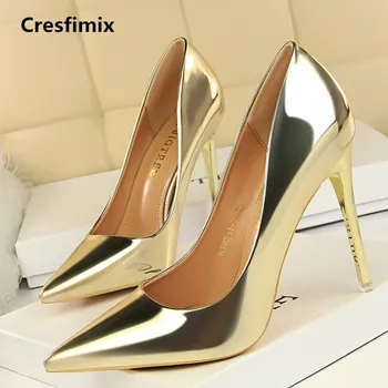 Cresfimix-zapatos de tacón alto informales para mujer, calzado sexy dorado para fiesta nocturna, club, primavera y verano, color plata, c2743