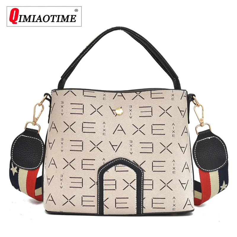 

2018 New Handbag PU Printing Fashion Large Capacity Bucket Bag Shoulder Messenger Bag Wide Shoulder Strap Three-layer Women Bag