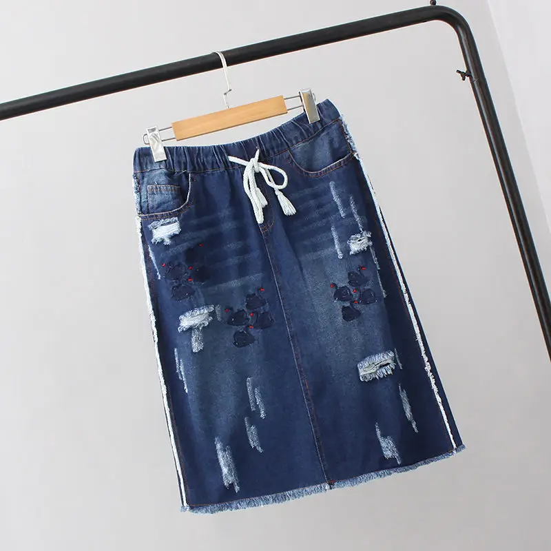 Новая весенняя Летняя женская одежда большого размера Корейская джинсовая юбка с эластичной резинкой на талии и вышивкой Юбки-карандаш размера плюс A490