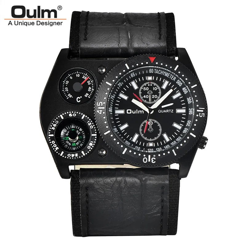 Oulm Men's Wrist Watches Unique Design Wide Leather Strap Male Quartz Clock Compass Decoration Man Watch New reloj hombre