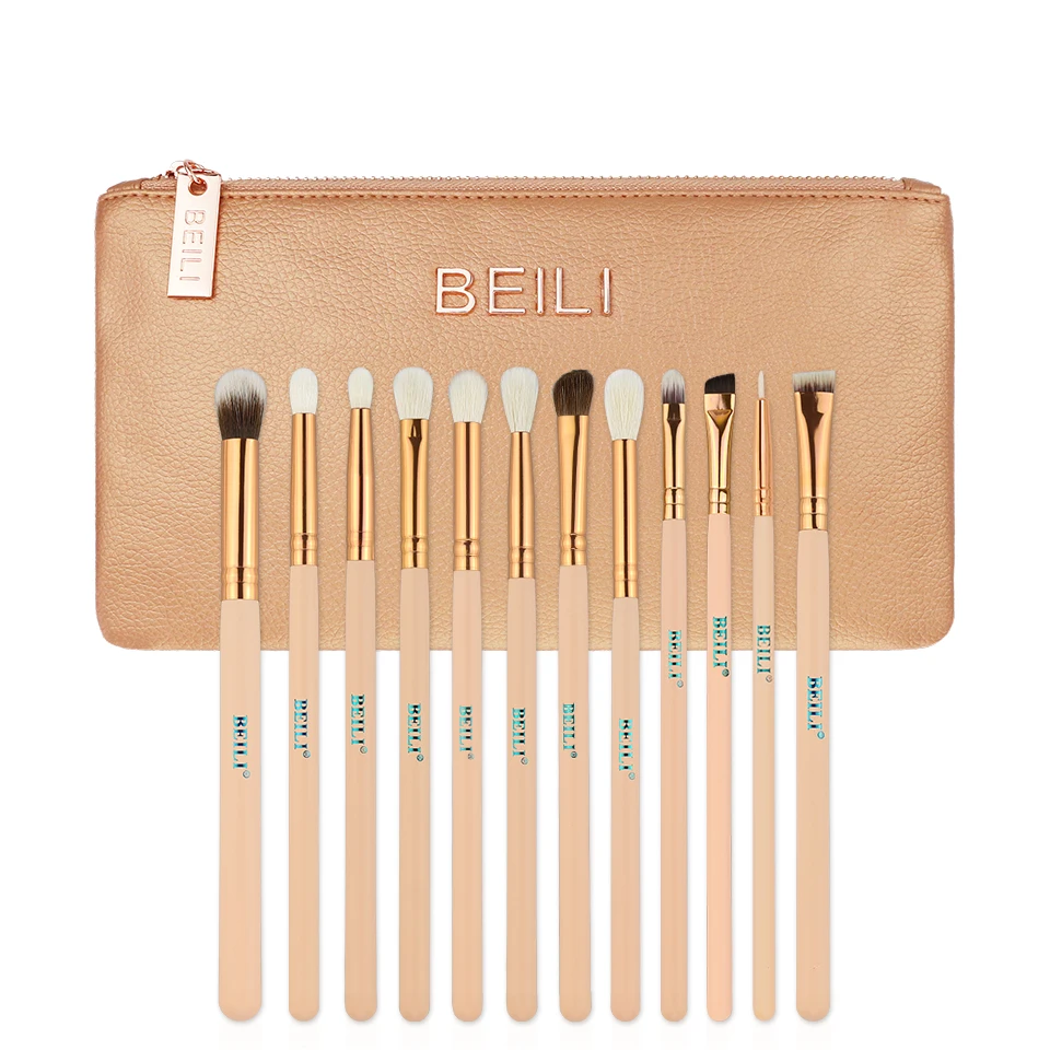 

BEILI Pink Eye Makeup Brushes Goat Hair Eye shadow Blending Highlight 12pcs Makeup Brush Set rose golden with bag