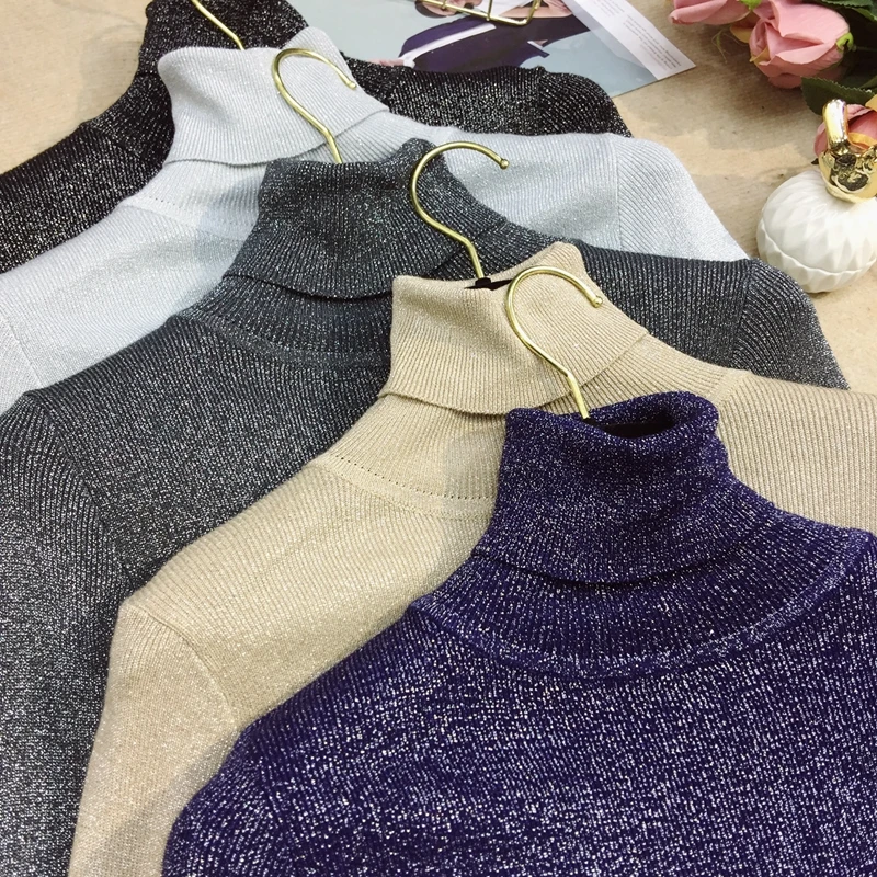 Shiny Lurex Autumn Winter Sweater Women Long Sleeve Pullover Basic Turtleneck Sweaters Women Tops Femme Knitted Korean Style (21)