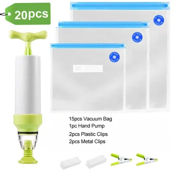 

17/20pcs Vacuum Sealer Bags Sous Vide Bags Kit Reusable Food Storage Wrap Ziplock Bag Zip Top Containers With Hand Pump Clips