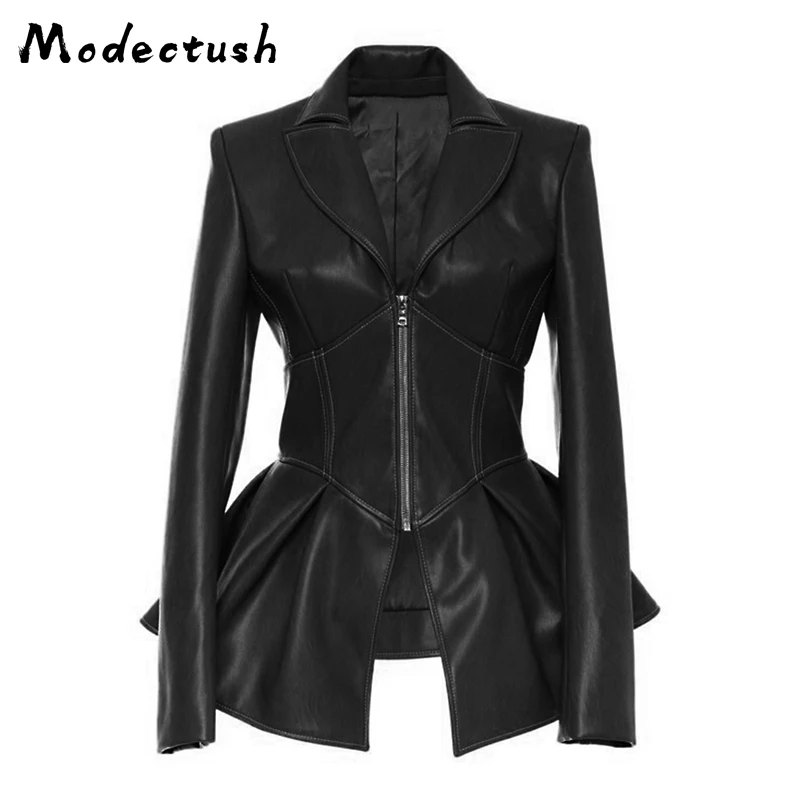 

Modecrush Women Slim Faux Leather Jacket 2019 Office Lady Turn Down Collar Suit Jackets Female Pendulum Long Sleeved Outerwear