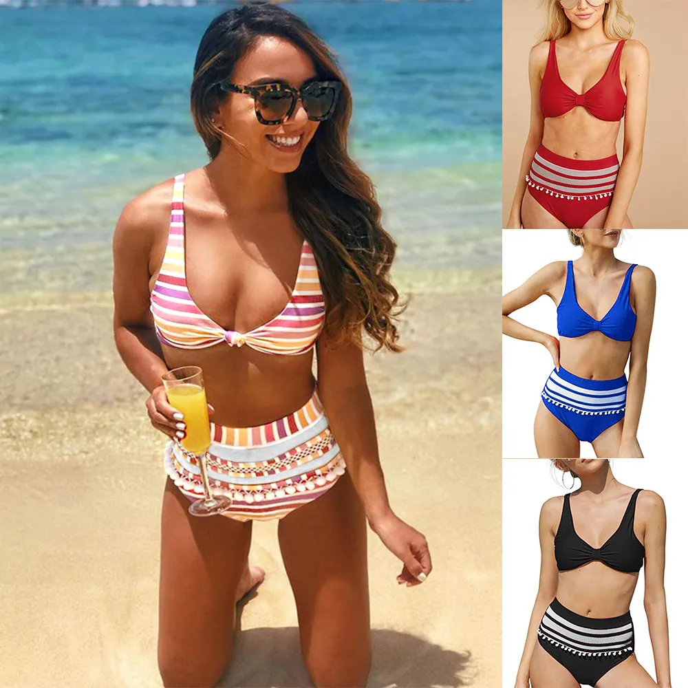Сетчатое бикини для женщин с принтом в полоску купальник высокой талией
