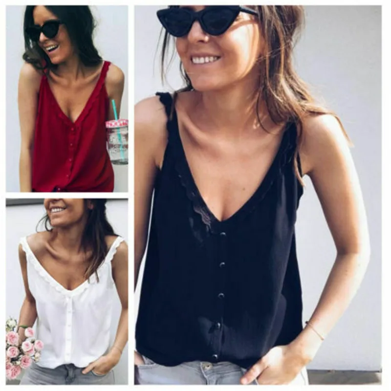 

2019 Fashion Brand Women's blouse Summer sleeveless Chiffon shirt Solid V-neck Button Casual blouse Plus Size Loose Female Top