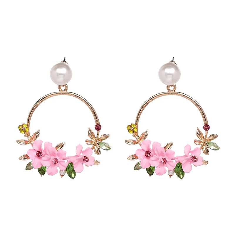

2018 Trendy Circle Bunch of Flowers Drop Earring for Women Girls Fashion Simulated Wedding Dangle Earring Wholesale Jewellery