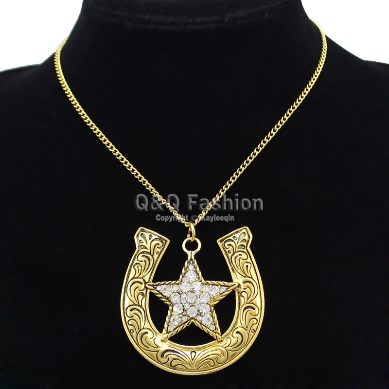 

Western Cowgirl Horse Shoe CZ Texas Shooting Star Chain Rodeo Bib Necklace Jewelry 2018 New
