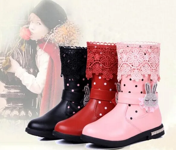 

girls winter shoes snows boot leather shoes fashion leather dot lace cartoon rabbit Rhinestone Buckle Strap girls children boot