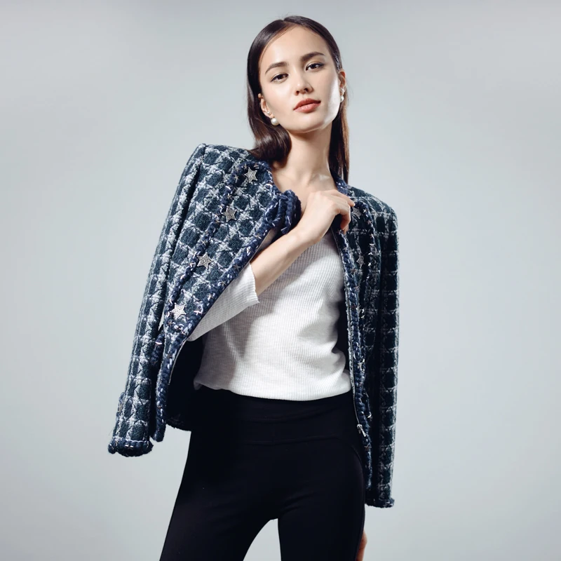 Buy Dark blue plaid tweed jacket zipper 2017 autumn