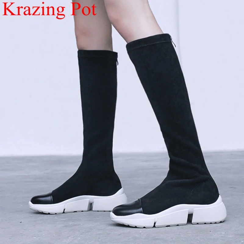 

2018 new arrival round toe slip on flock strech knee-high boots platform wedge women thigh high boots warm winter shoes L81