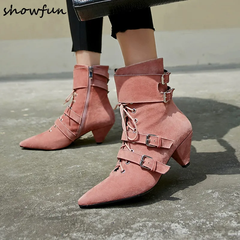 

3 Color plus size women's genuine suede leather ankle boots kitten heel pointed toe lace-up short booties metal buckle punk shoe