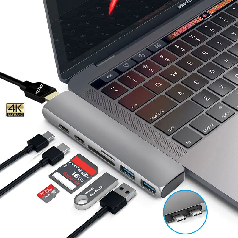 

USB 3.1 Type-C Hub To HDMI Adapter 4K Thunderbolt 3 USB C Hub with Hub 3.0 TF SD Reader Slot PD for MacBook Pro/Air 2018