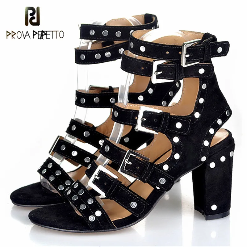 

Prova Perfetto Rome Design Rivets Buckle Strap High Heel Woman Sandals Fashion Genuine Leather Retro Style Peep Toe Shoes