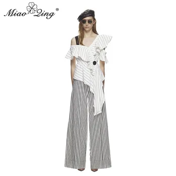

MIAOQING Asymmetric Sexy Chiffon Blouse for Women Off Shoulder Ruffles Shirts Striped Irregular Vintage Ladies Tops and Blouses