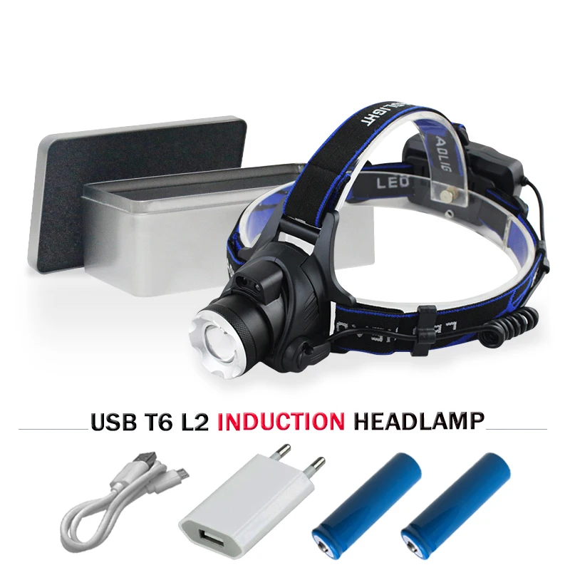 USB датчик фар фара 18650 перезаряжаемые Налобный фонарик xm l2 светодиодный налобный