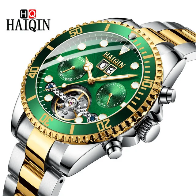 

HAIQIN Brand Men's Watches Mechanical Bussiness Watch Steel Waterproof Male Wrist watch Tourbillon Gold Watch Relogio Masculino