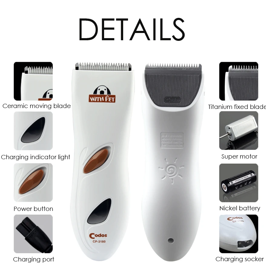Codos CP3180 Pet Dog Hair Trimmer Professional USB Charging Electric Shaver Rechargeable Cat Grooming Clipper Haircut Machine