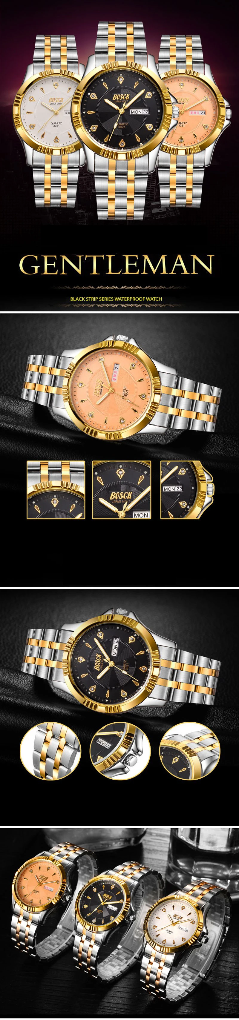 Марка bosck Мужские часы Дата День Часы из нержавеющей стали модные повседневные кварцевые часы спортивные наручные часы