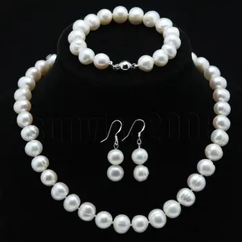 

100% Selling Picture full sets 9-10mm white black freshwater pearl necklace bracelet earrings