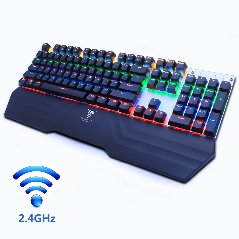 Wireless gaming mechanical keyboard LED backlit black blue switch rechargeable 2.4GHz Gamer US/Russian sticker for PC TV BOX 