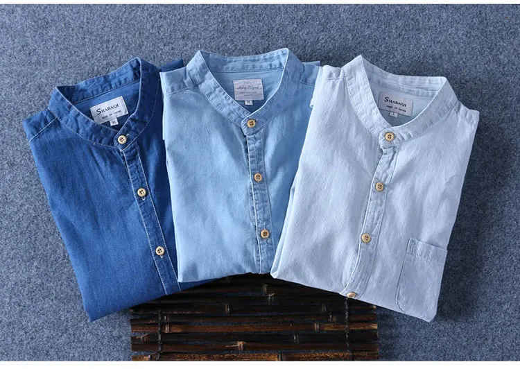 Высококачественная Мужская джинсовая рубашка из чистого хлопка со стоячим воротником и длинным рукавом, светская Модная тонкая мягкая Летняя мужская умная Повседневная рубашка