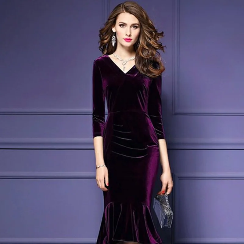 

Spring Autumn Dress Women 2019 Casual Vintage Mermaid Velvet Dress Sexy Long Party Dress Elegant Ladies Formal Party Red Dresses