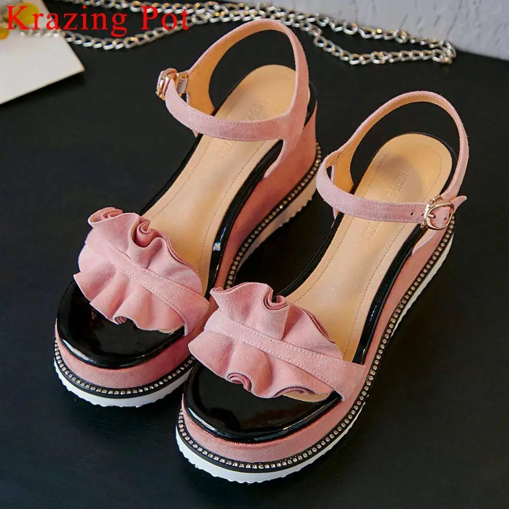 

Krazing Pot natural leather wedges platform peep round toe buckle strap women sandals pleated design pretty girls cozy shoes L01