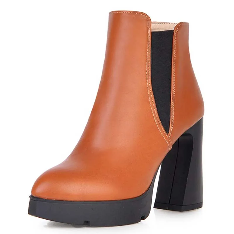 

Size 39 Advanced PU Leather Ankle Pointed Toe Slip On  Square High Heel  Boots For Women 3-color New Fashion Boots