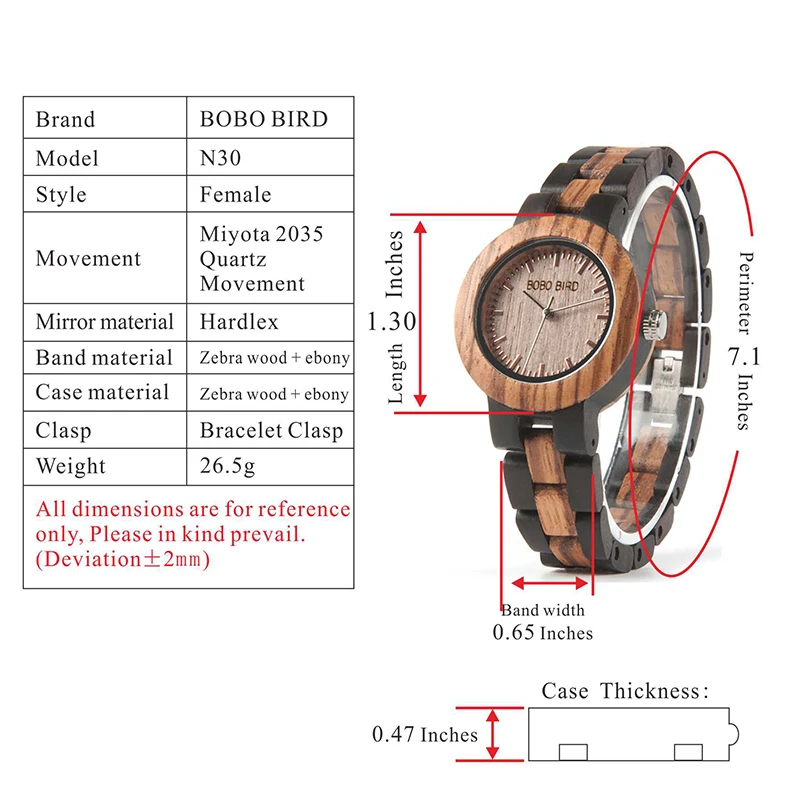 Бобо птица Новое поступление N30 Дамы деревянные часы роскошные часы с браслетом с двумя цвета деревянный ремешок женское платье часы