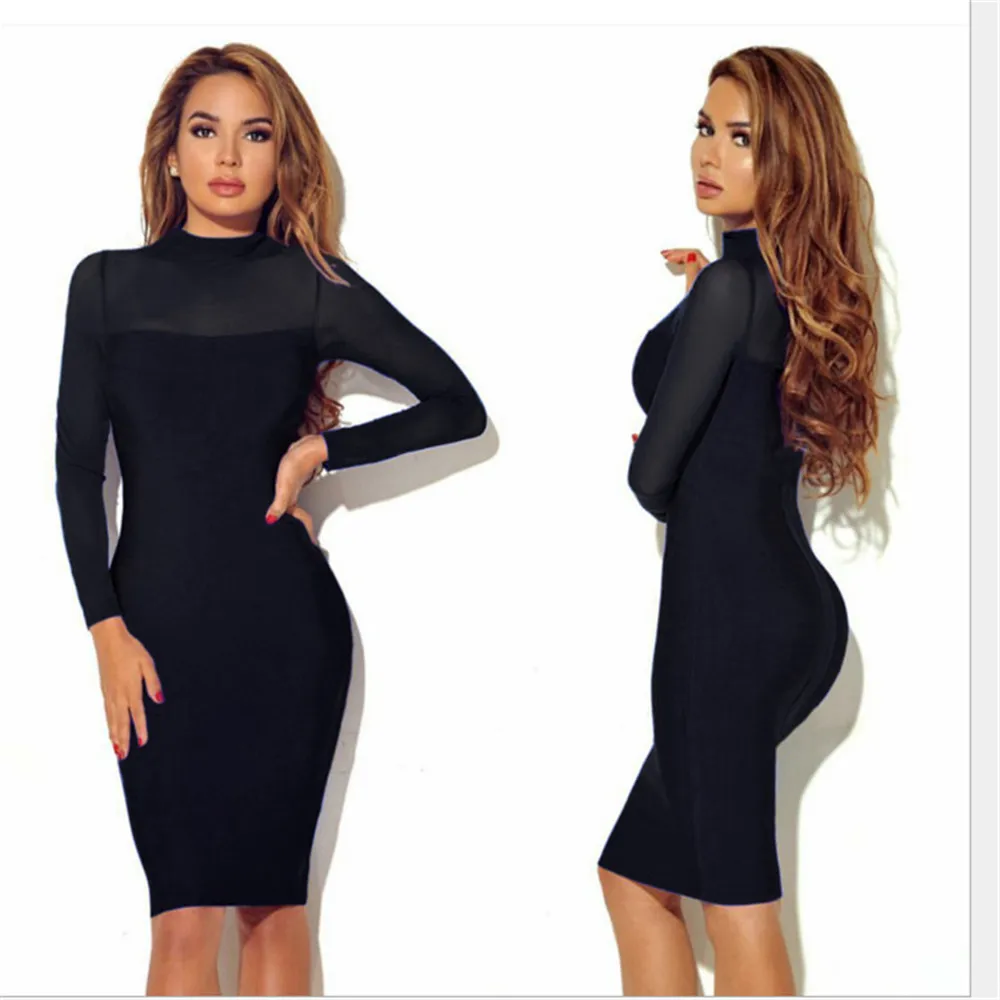 Sexy Mesh Patchwork Slim Bodycon Party Dresses Elastic Midi Spandex