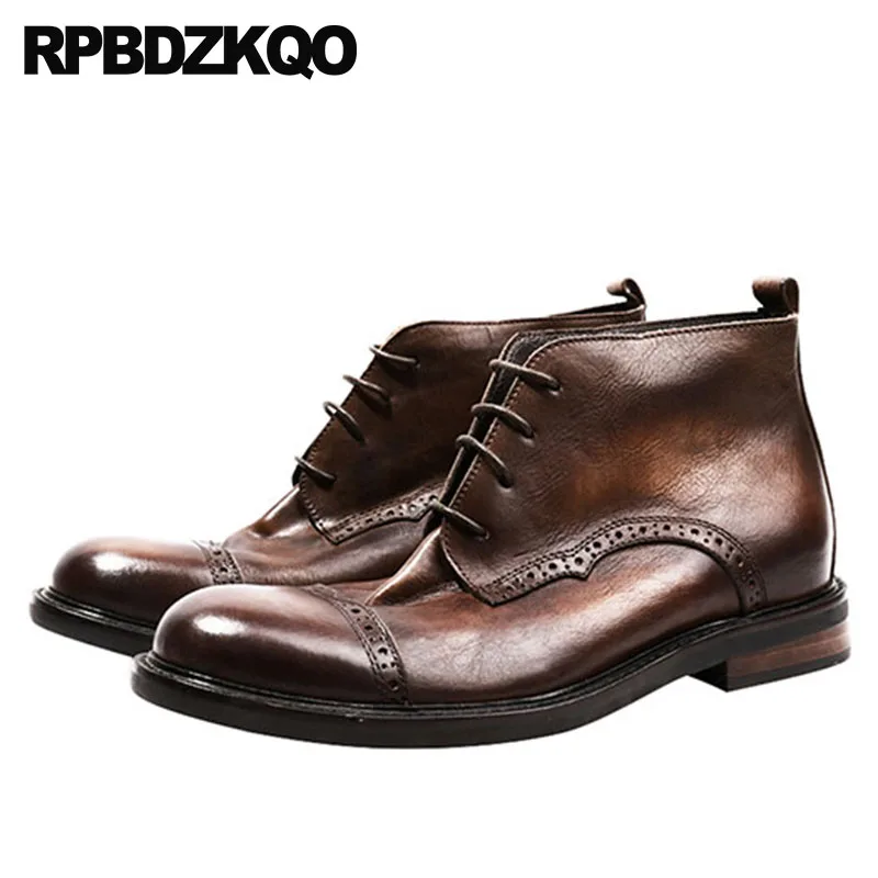 

Dress Chunky Shoes Oxford Lace Up Handmade Wingtip Formal Brogue Full Grain Leather Boots Brown Booties Short Ankle Men High Top