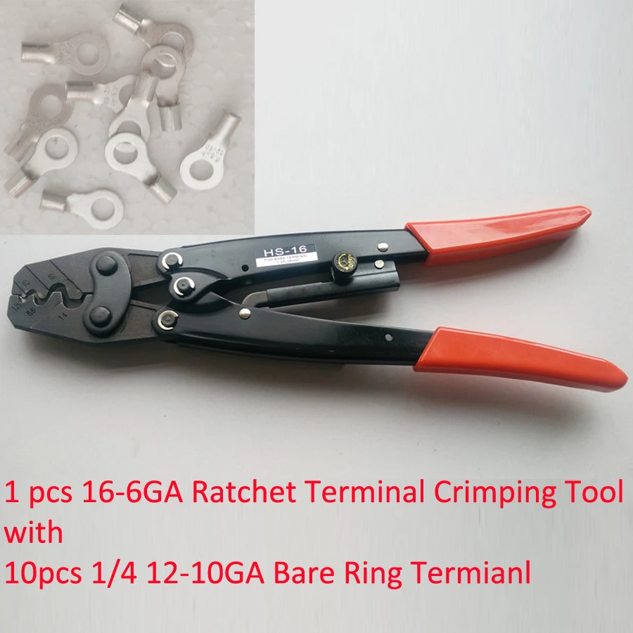 

HS-16 Ratchet Terminal Crimper for Non-insulated AWG16-6 with 10 1/4 12-10Ga Wire Ring Terminal Connector Uninsulated