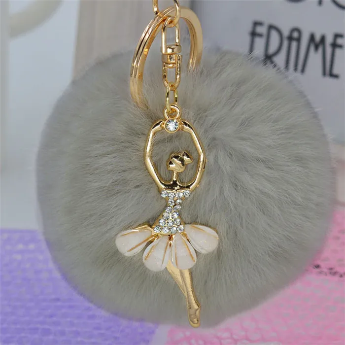 Fashion Crystal Ballet Dancing Fairy Faux Rex Rabbit Fur Ball Pom Pom Gold Key Chains Woman Bag Charms Keyring Car Ring Trinket (12)_