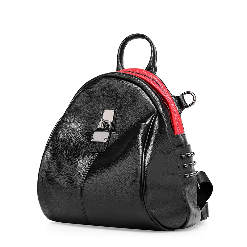 Fashion Women's Genuine Leather Backpack Ladies Rivet Lock Cowhide Travel Rucksack Female