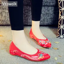 Veowalk Феникс вышитые для женщин стекались хлопок балетки на плоской подошве острый носок слипоны дамы комфорт вышивка туфли чонсам