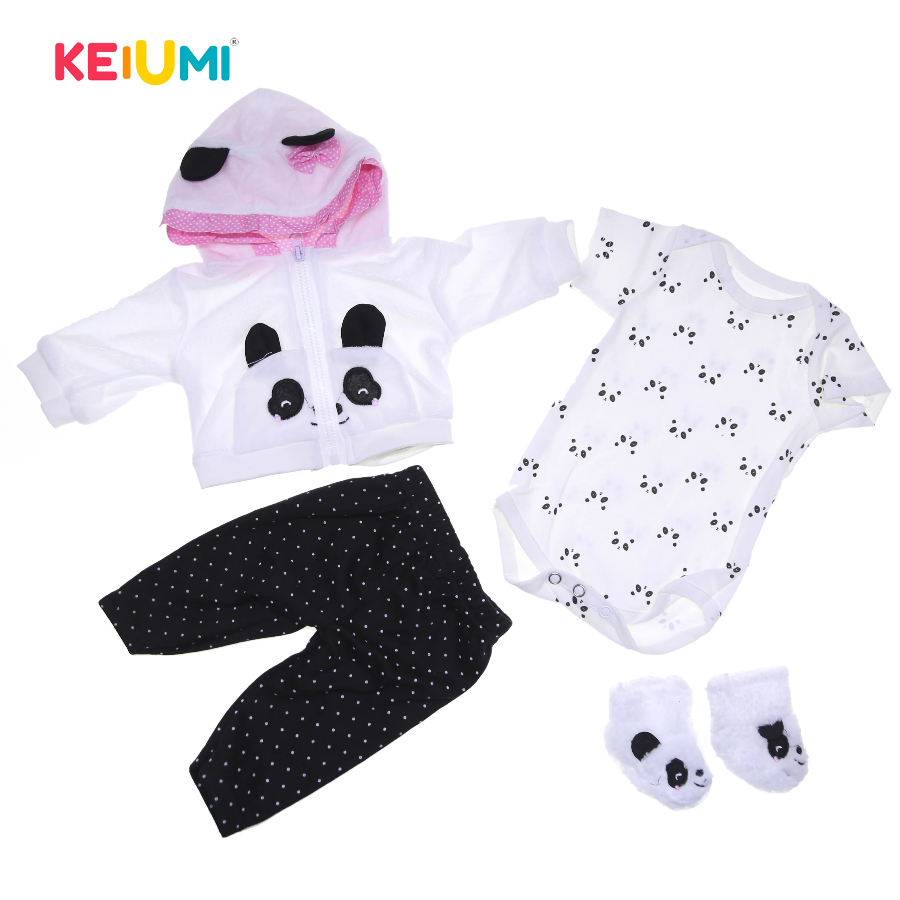 Cute Panda 4 Pcs Baby Girl Clothes Set Black And white Color Suit For 17 Inch Reborn Baby Doll With Hat Clothes Pants Doll Sets