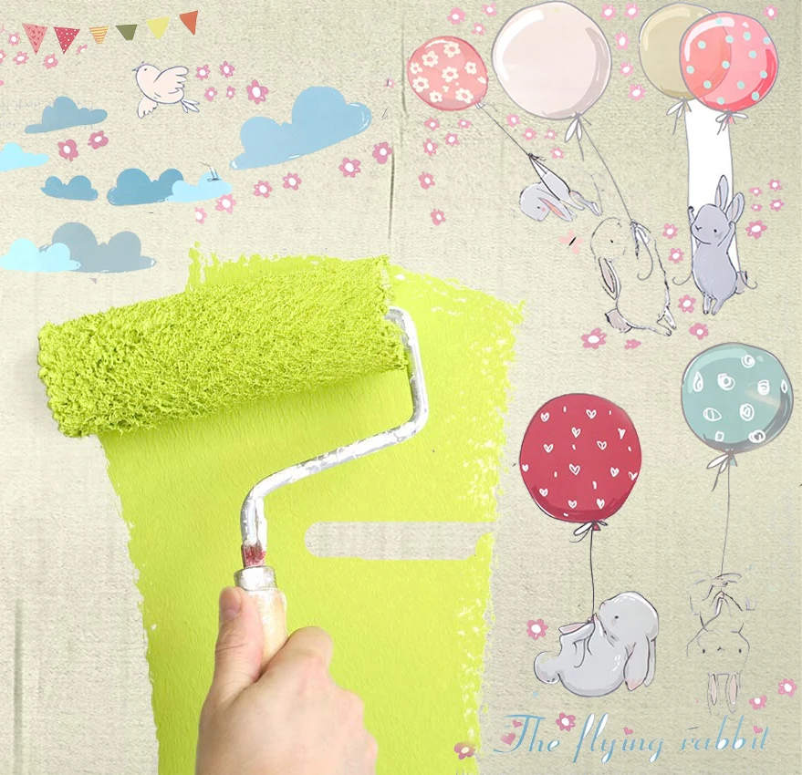 

Cartoon diy super cute balloon rabbit wall sticker for kids room birds cloud decor furniture wardrobe bedroom living room decal