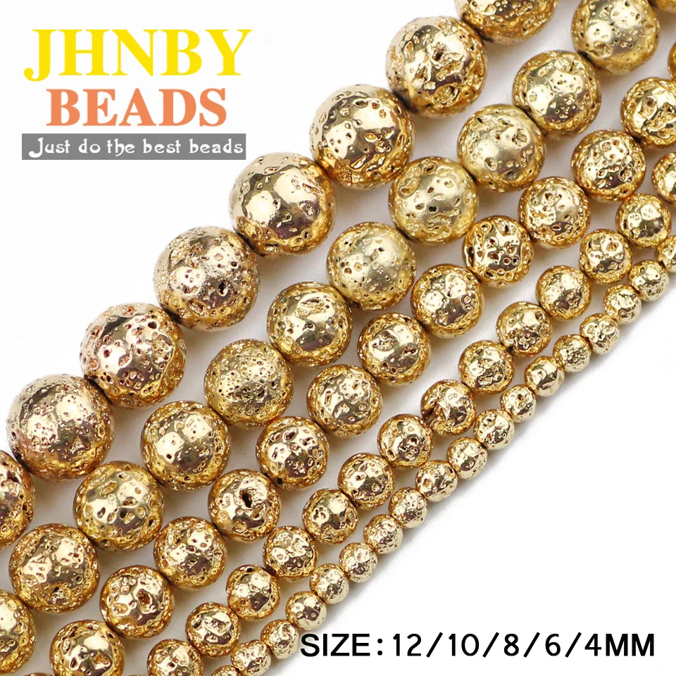 JHNBY 14K 골드 컬러 용암 적철광 천연석 6/8/10/12MM 라운드 루즈 비즈 쥬얼리 팔찌 목걸이 DIY 액세서리 만들기