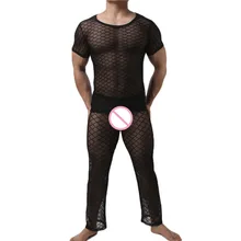 Пикантные Для мужчин кальсоны, нижнее белье Для мужчин s Рубашка с короткими рукавами сетки Прозрачный пижамы ночное белье Комплекты кальсоны топы, штаны комплект