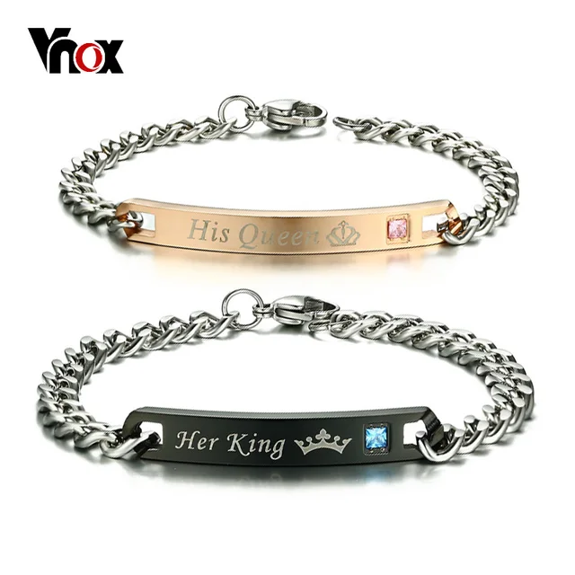 Vnox Free Engraved Diy His Queen Her King Id Bracelet For Vnox Free Engraved Diy His Queen Her King Id Bracelet For Women Men Cz Stones