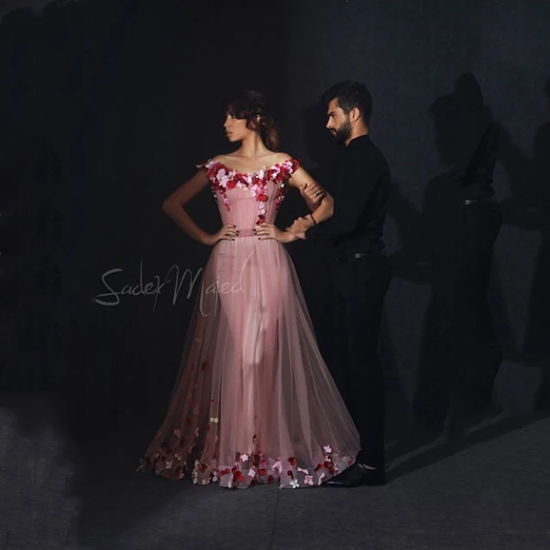 

New Evening Dresses Floor Length Scoop Neckline Hand Made Flowers Tulle Pink Prom Dresses 2015 Vestidos