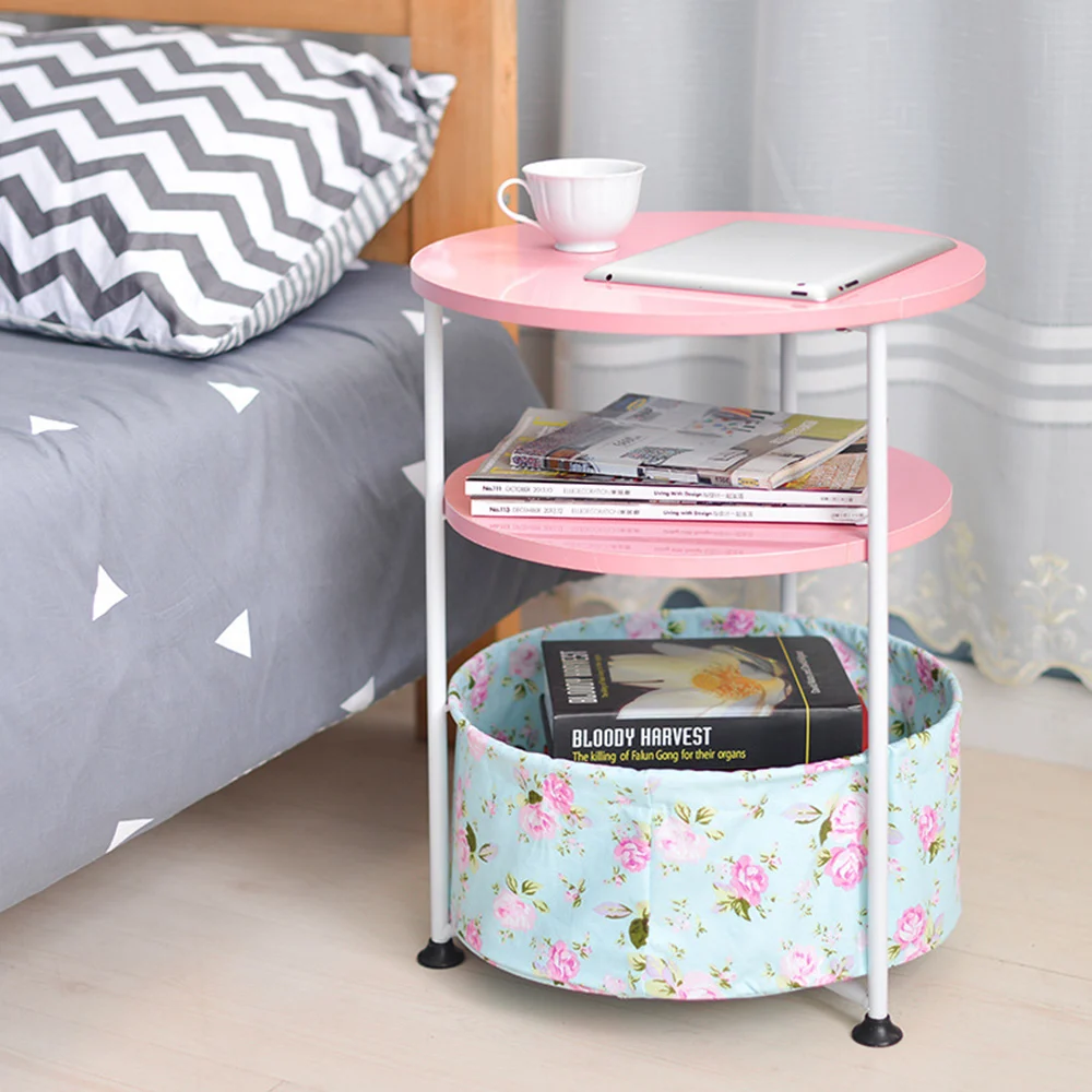 Household Movable Round Sofa Side Table with Removeable Storage Bag Coffee Table Tea Table Living Room Bedroom Office Furniture