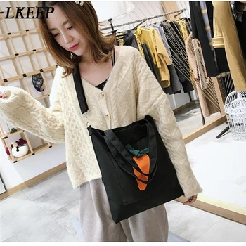 

Beauty Carrot Pattern Eco Shopping Bag For Woman Preppy Style Single Shoulder Canvas Cloth Bag Black Yellow School Book Bag
